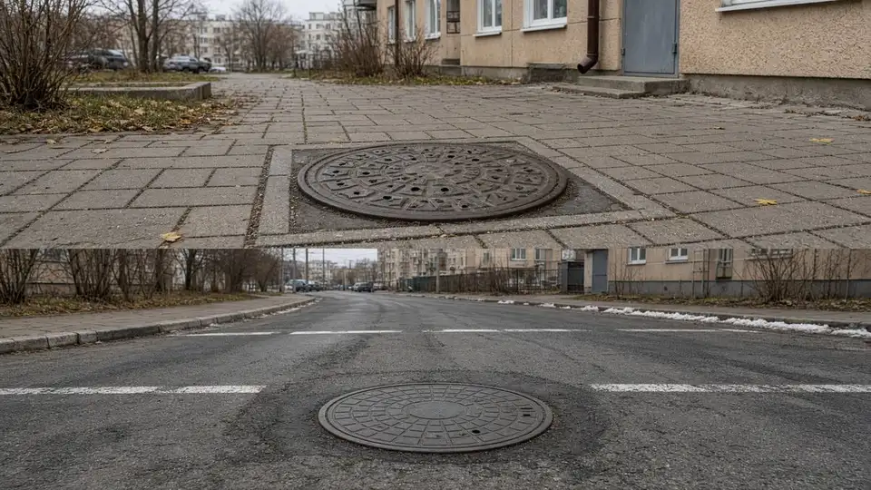Чугунный люк среднего класса во дворе жилого дома