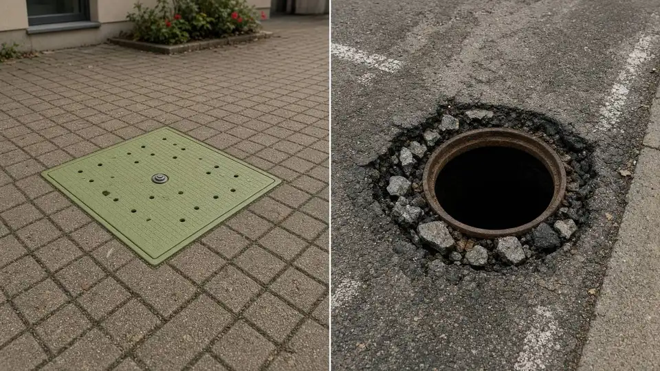Чугунный люк с запорным устройством во дворе