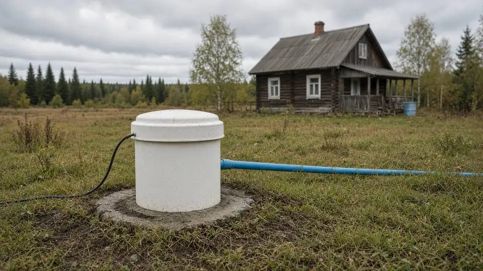 Оголовок скважины на участке с трубой ввода в дом