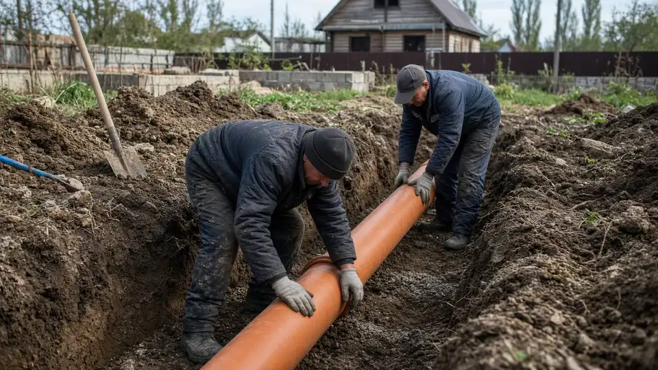 Бригада укладывает наружную канализацию на участке